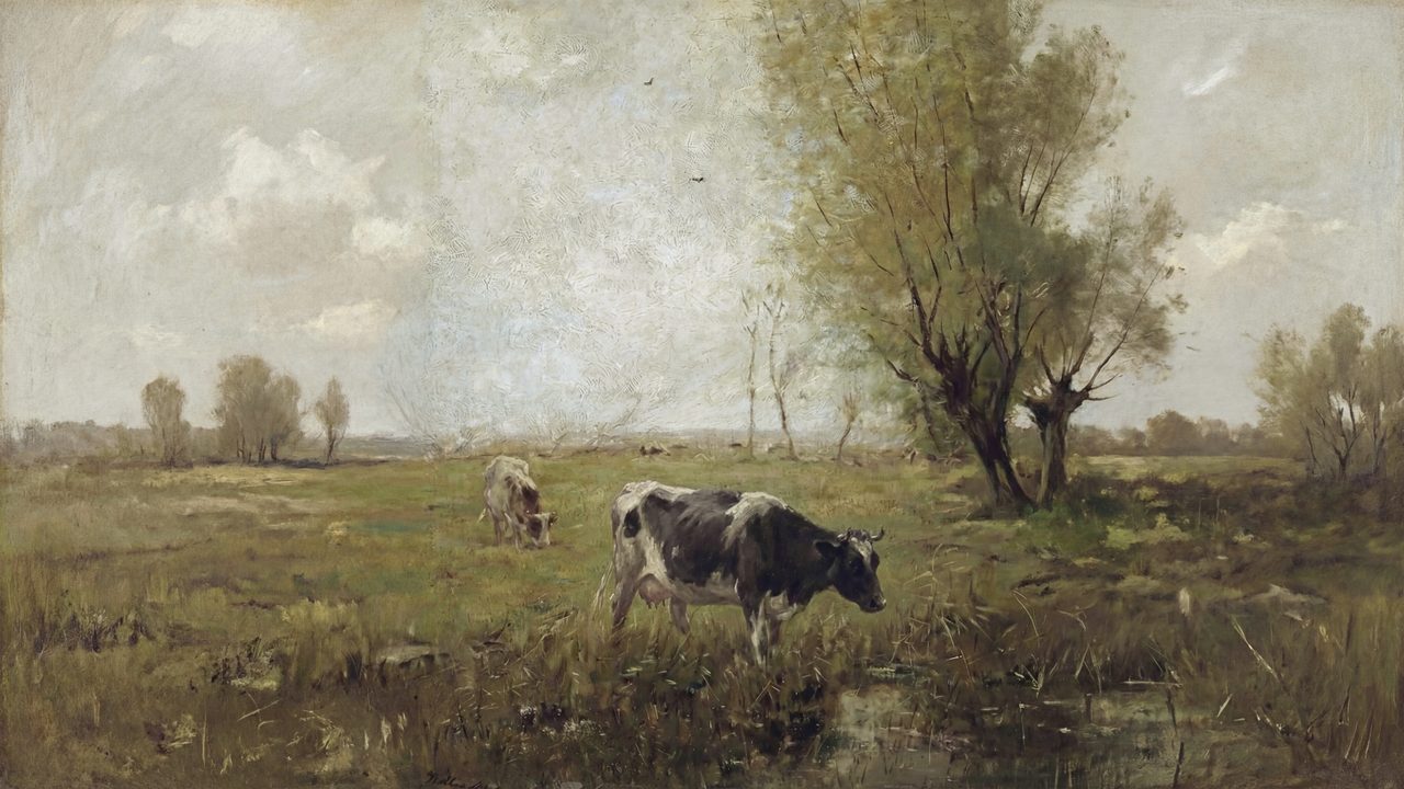 Vintage Frame TV Art, Antique Landscape Oil Painting (Cow Grazing by Willow)