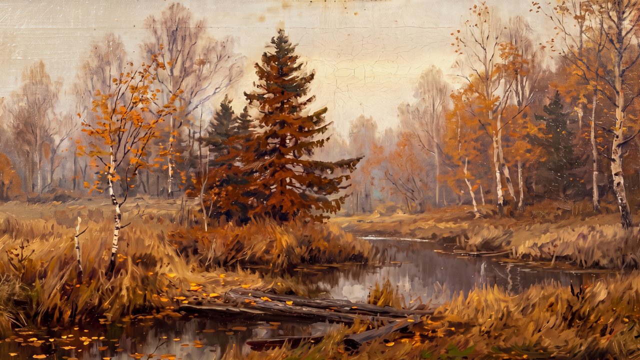 Fall Frame TV Art, Vintage Autumn Oil Painting (Autumn Forest Stream)