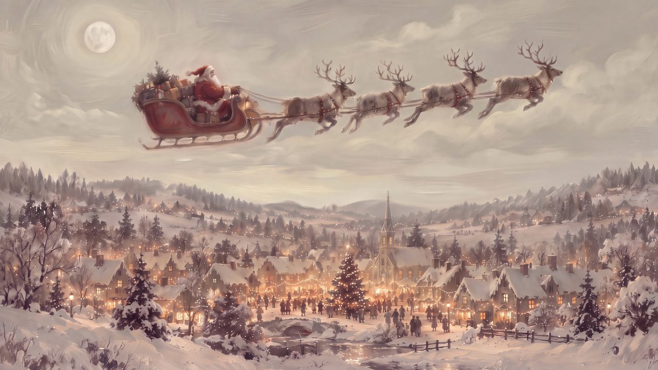 Santa Sleigh Frame TV Art, Santa and Reindeer Flying Over Christmas Village, Vintage Christmas Eve Oil Painting, Digital Download