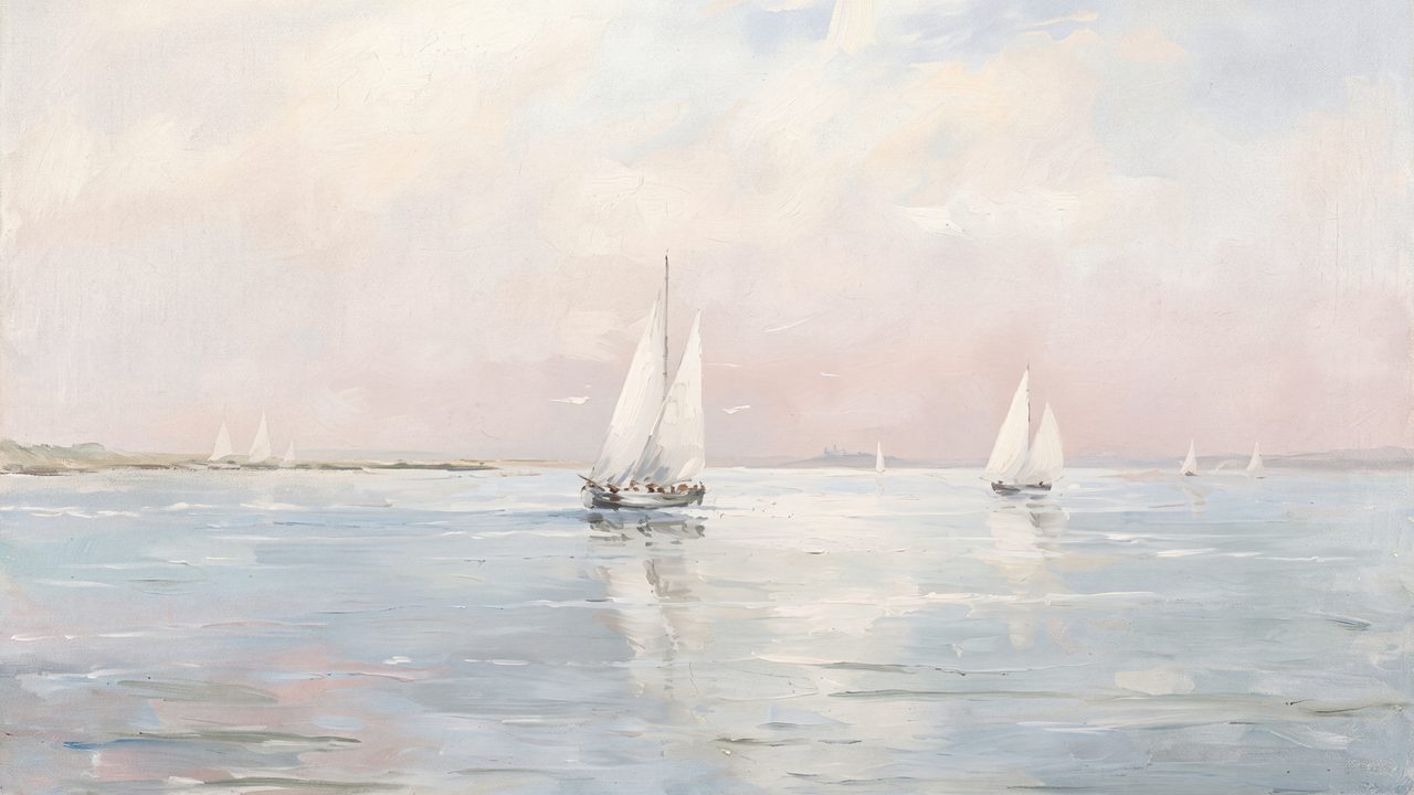 Summer Frame TV Art, Coastal Beach Oil Painting (Sailboats on Pastel Sea)
