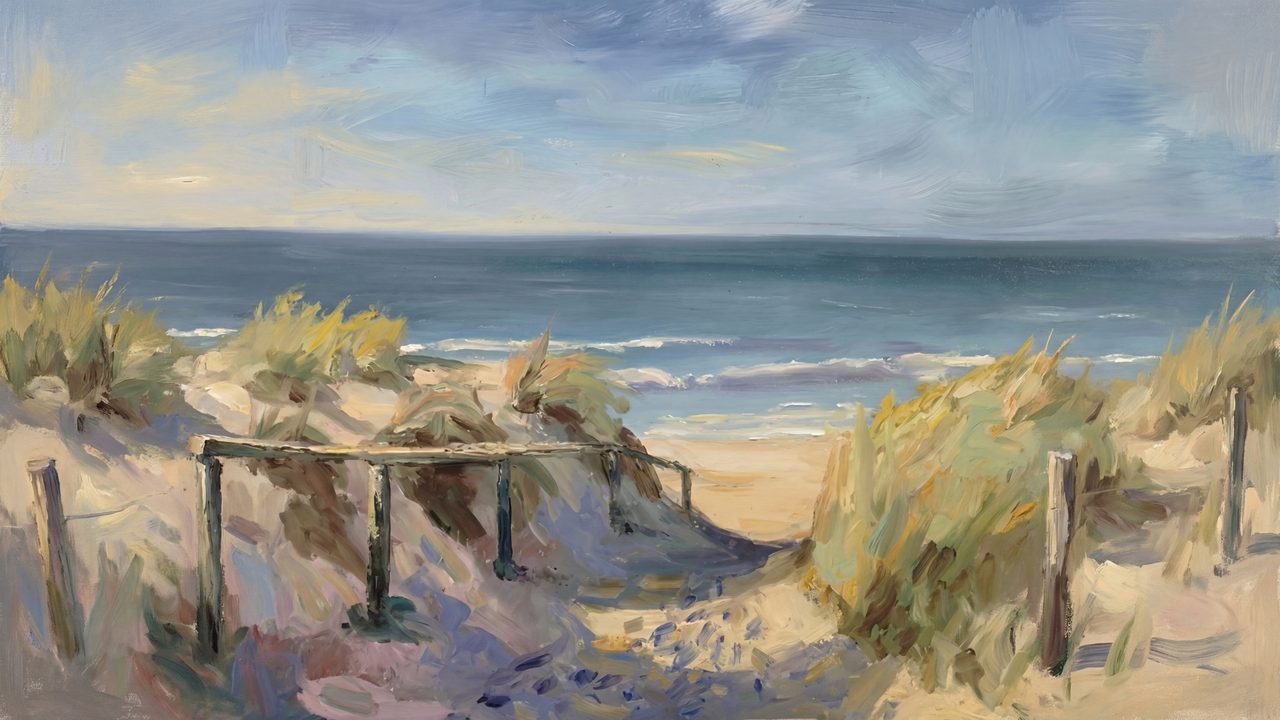 Vintage Frame TV Art, Antique Landscape Oil Painting (Beach Path Through Dunes)