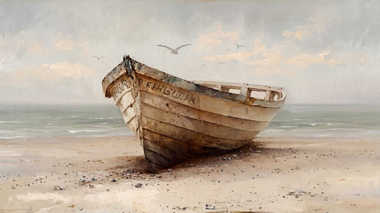 Nautical Frame TV Art, Coastal Oil Painting (Wooden Boat on Sand)