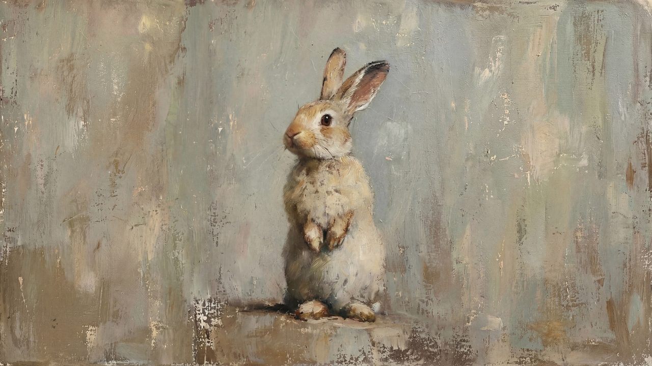 Vintage Frame TV Art, Antique Landscape Oil Painting (Bunny Sitting Upright)