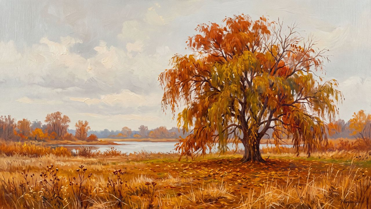 Fall Frame TV Art, Vintage Autumn Oil Painting (Willow Tree in Autumn Field)