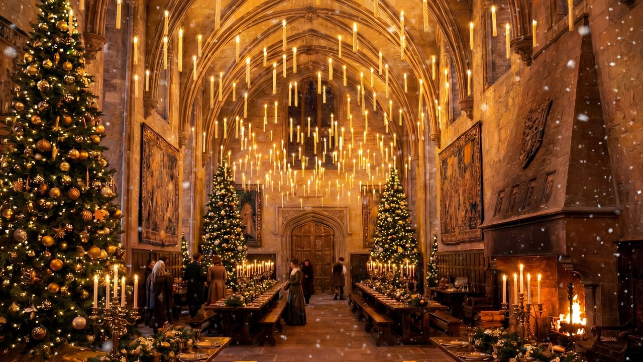 Christmas Frame TV Art, Vintage Holiday Oil Painting (Candlelit Great Hall)