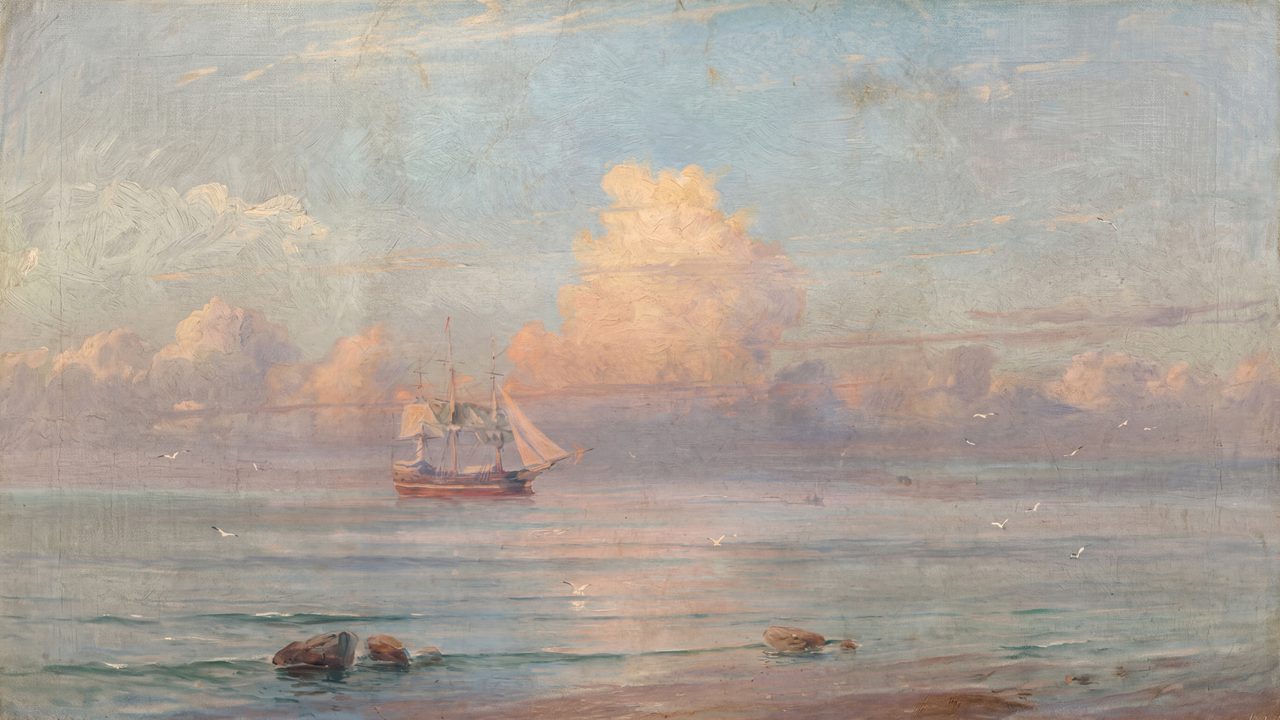 Nautical Frame TV Art, Coastal Oil Painting (Ship Under Pink Clouds)