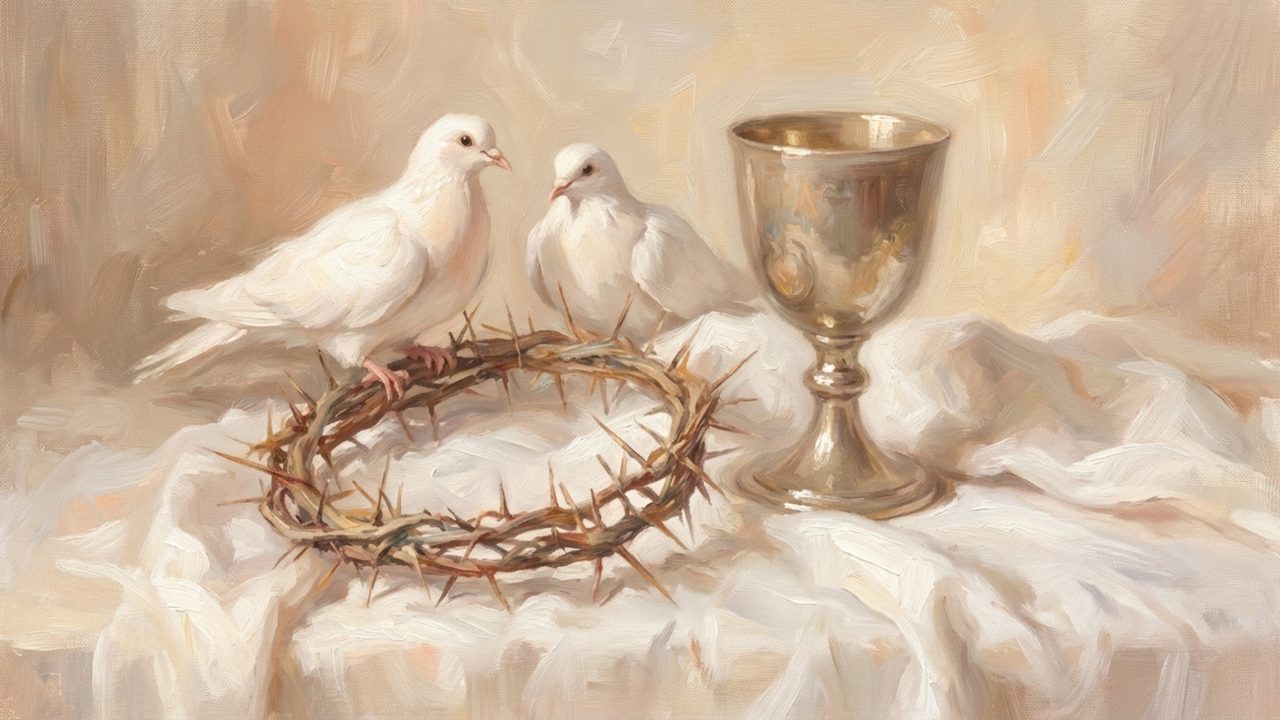 Christian Frame TV Art, Jesus Religious Oil Painting (Doves with Chalice and Thorns)