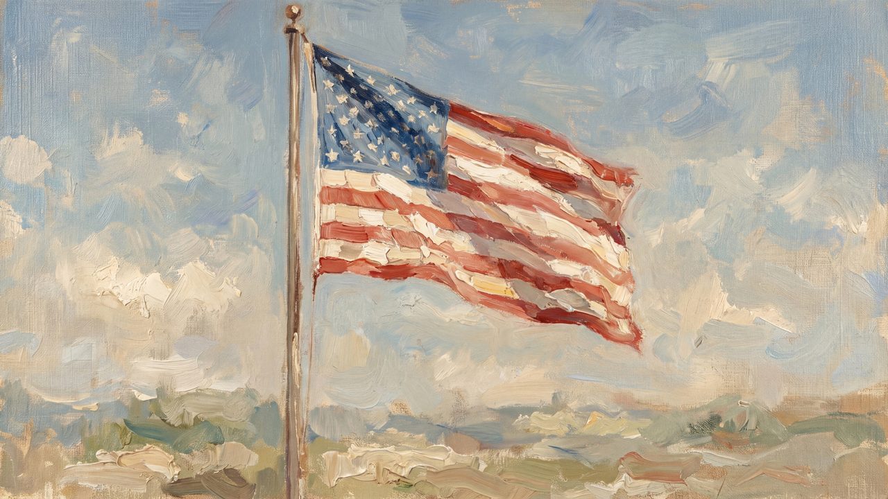 4th of July Frame TV Art, Patriotic American Oil Painting (American Flag on Pole 2)