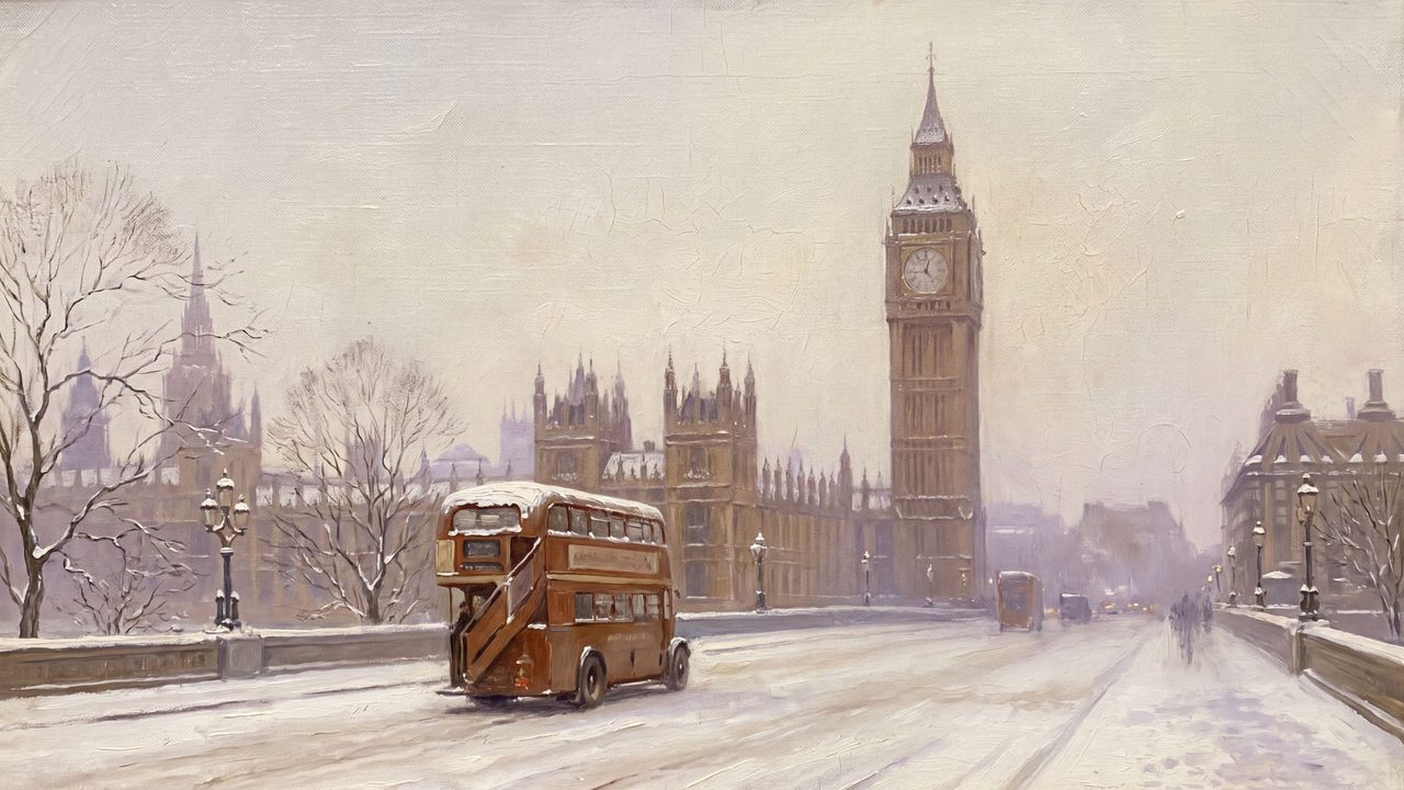 Christmas Frame TV Art, Vintage Holiday Oil Painting (Red Bus by Big Ben in Snow)