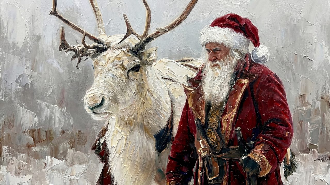 Samsung Frame TV Art Santa Claus Reindeer • Vintage Christmas Oil Painting • Nordic Winter Wall Art • Rustic Holiday