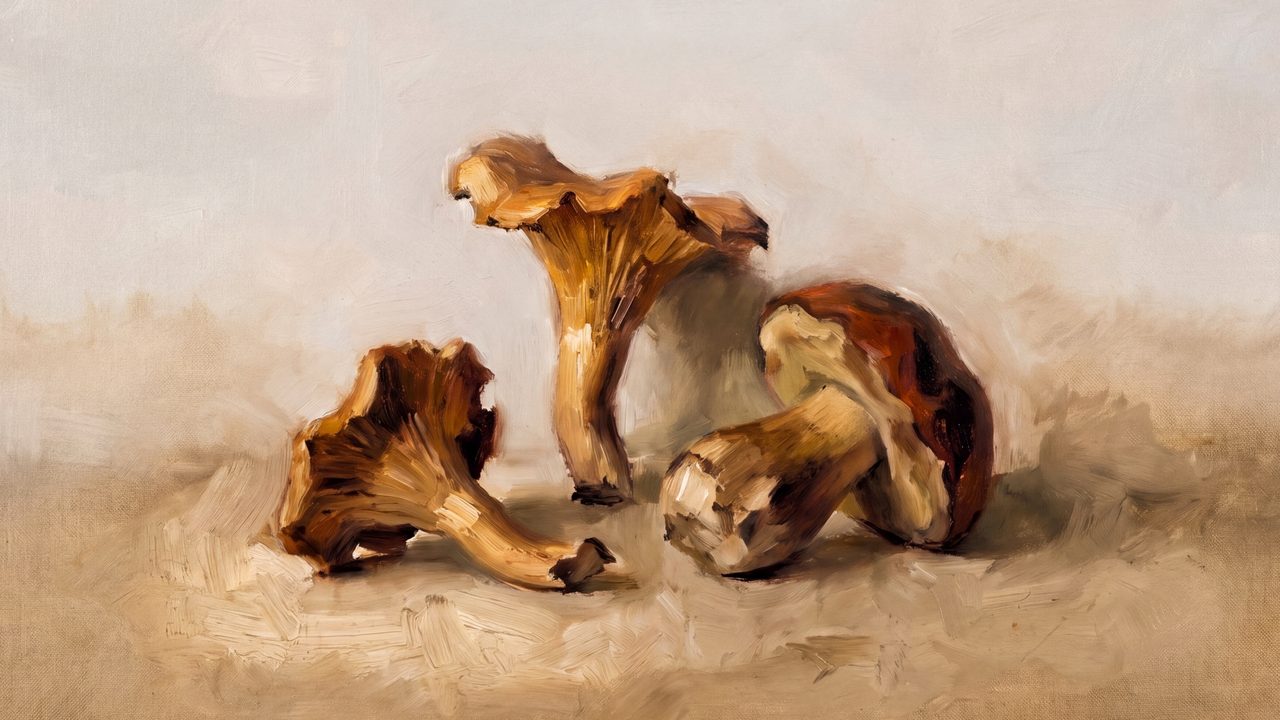 Fall Frame TV Art, Vintage Autumn Oil Painting (Wild Chanterelle Mushrooms)
