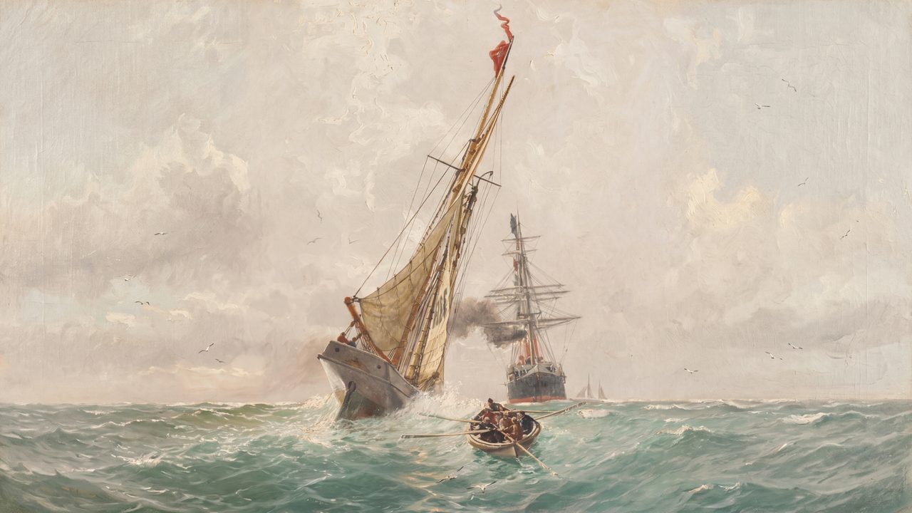 Nautical Frame TV Art, Coastal Oil Painting (Ships in Stormy Sea)