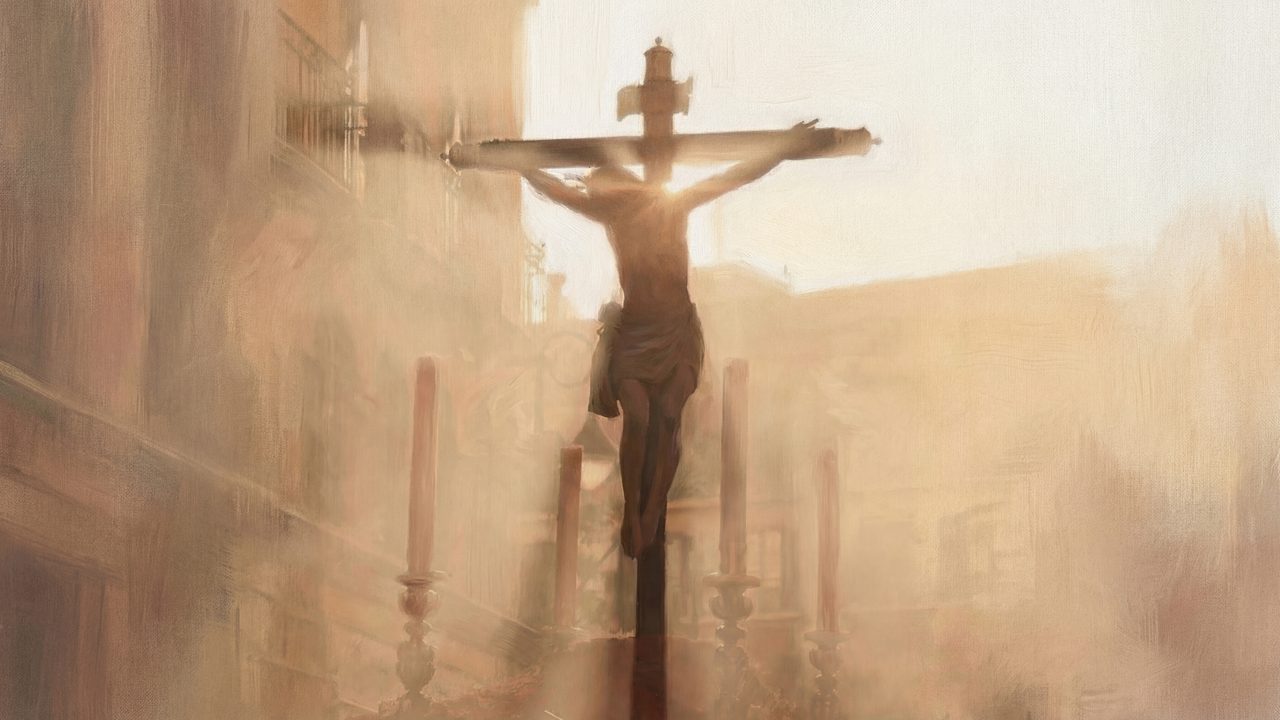 Christian Frame TV Art, Jesus Religious Oil Painting (Crucifix in Hazy Light)