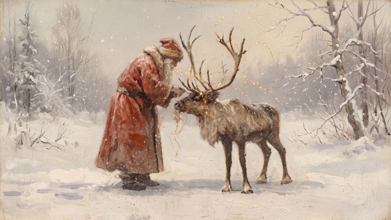 Christmas Frame TV Art, Vintage Holiday Oil Painting (Santa Greeting Reindeer)