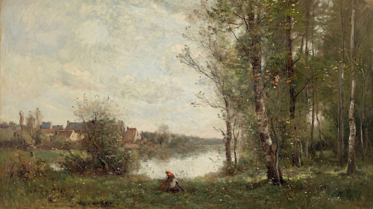 Vintage Frame TV Art, Antique Landscape Oil Painting (Riverside Woodland)