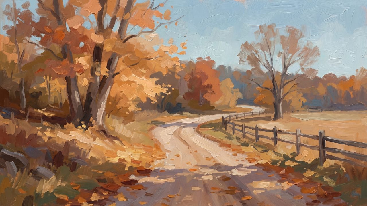 Fall Frame TV Art, Vintage Autumn Oil Painting (Autumn Country Lane)