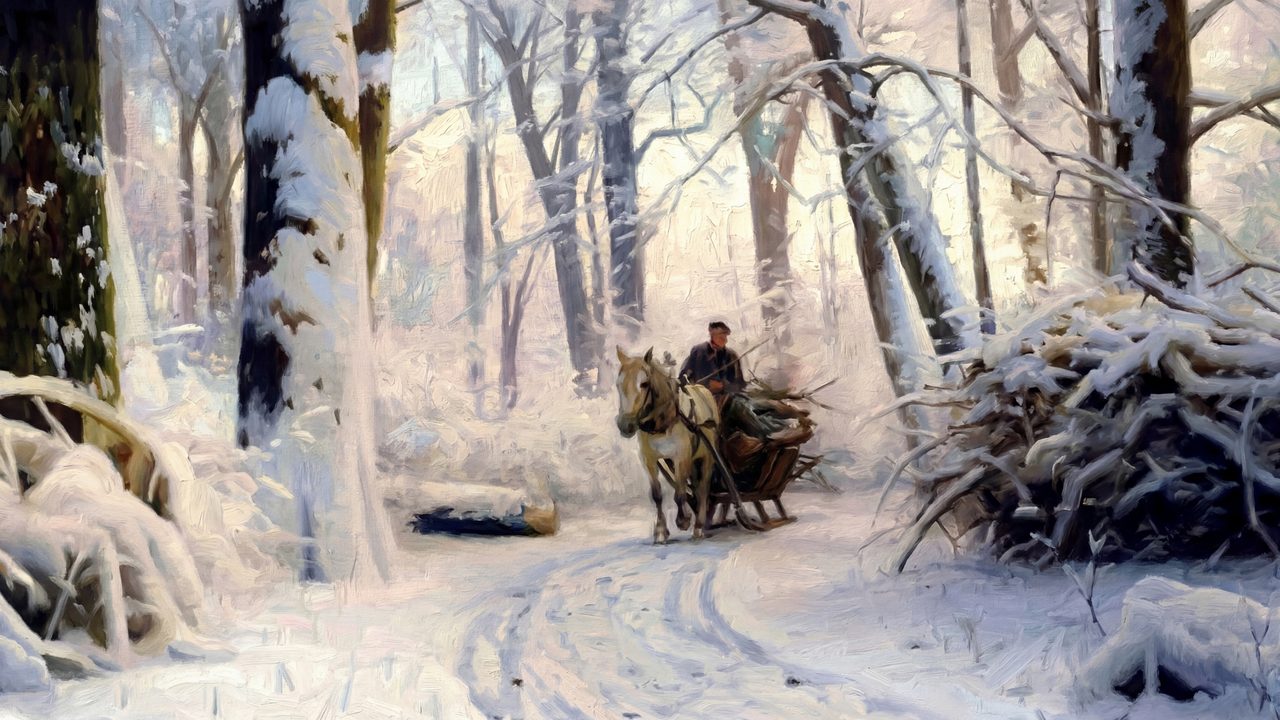 Winter Frame TV Art, Vintage Snowy Landscape Oil Painting (Horse Sleigh in Snowy Forest)