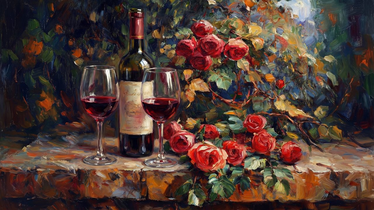Valentine Frame TV Art, Romantic Vintage Oil Painting (Red Wine and Roses)