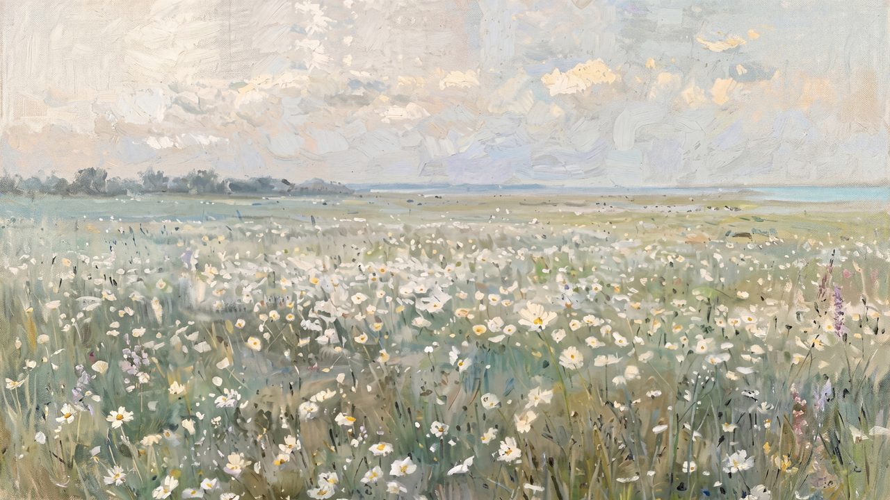 Summer Frame TV Art, Coastal Beach Oil Painting (White Daisy Field by Sea)