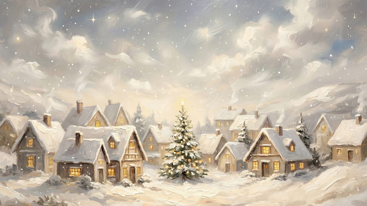 Christmas Frame TV Art, Vintage Holiday Oil Painting (Snow-Covered Village)