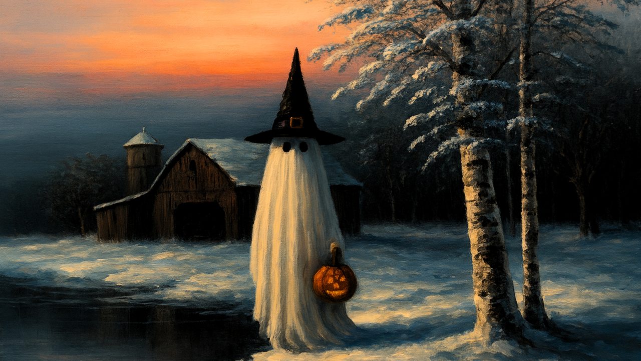 Halloween Frame TV Art, Vintage Moody Oil Painting (Ghost in Witch Hat in Snow)