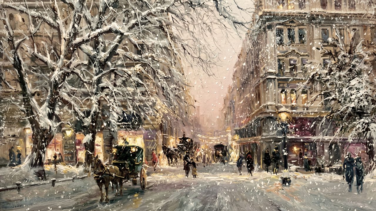 Christmas Frame TV Art, Vintage Holiday Oil Painting (Snowy City Street with Carriage)