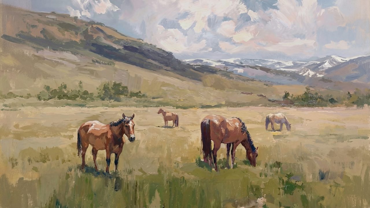 Vintage Frame TV Art, Antique Landscape Oil Painting (Horses Grazing in Meadow)
