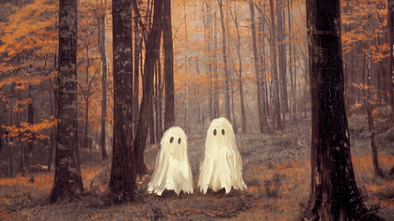 Halloween Frame TV Art, Ghosts in Autumn Forest, Vintage Fall Oil Painting, Spooky Halloween Tv Art