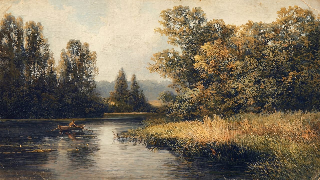 Rustic Frame TV Art, Farmhouse Country Oil Painting (River with Lush Trees)