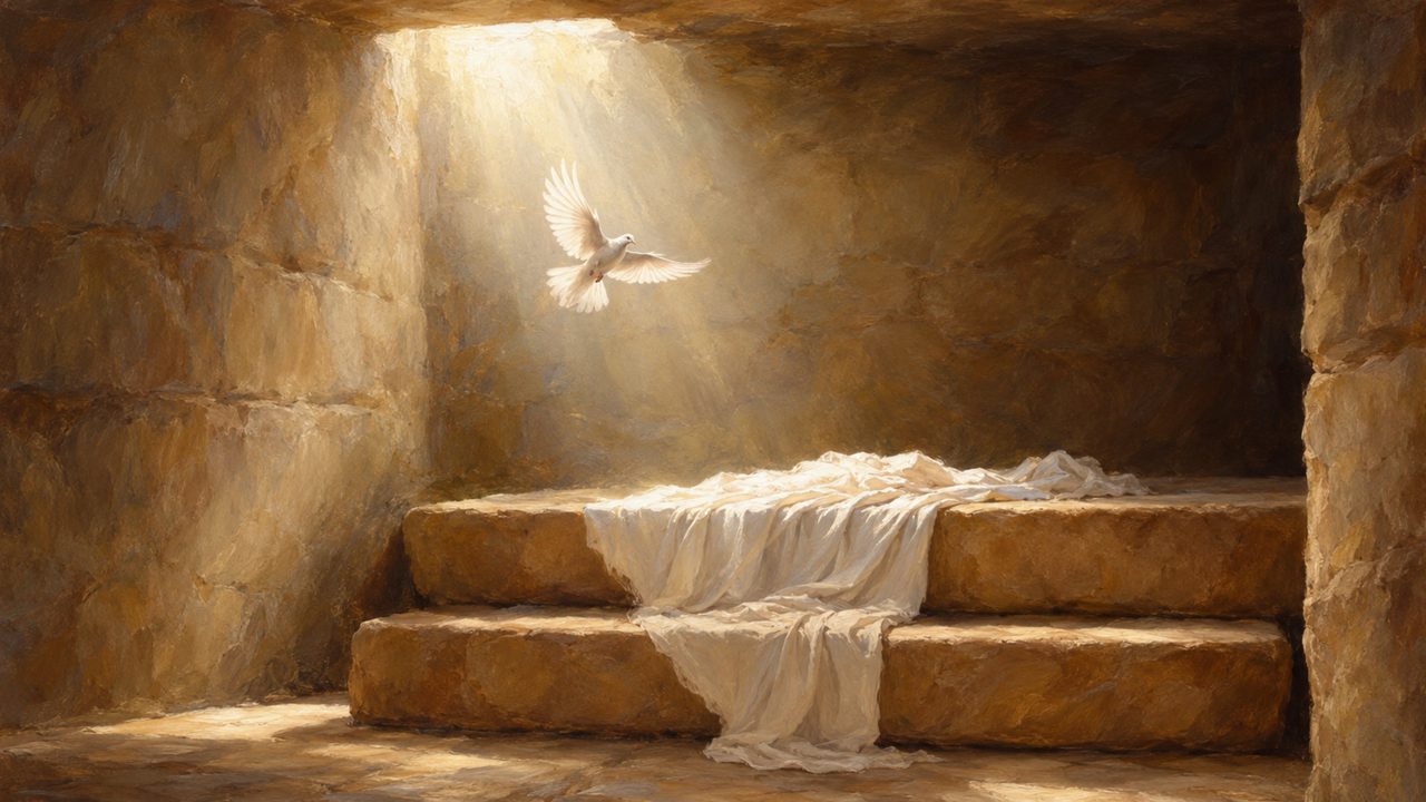 Christian Frame TV Art, Jesus Religious Oil Painting (Empty Tomb with Dove)