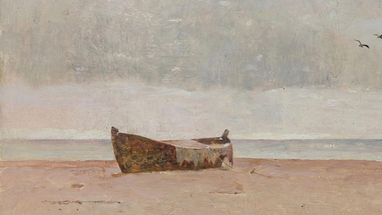 Vintage Frame TV Art, Antique Landscape Oil Painting (Old Rowboat on Shore)
