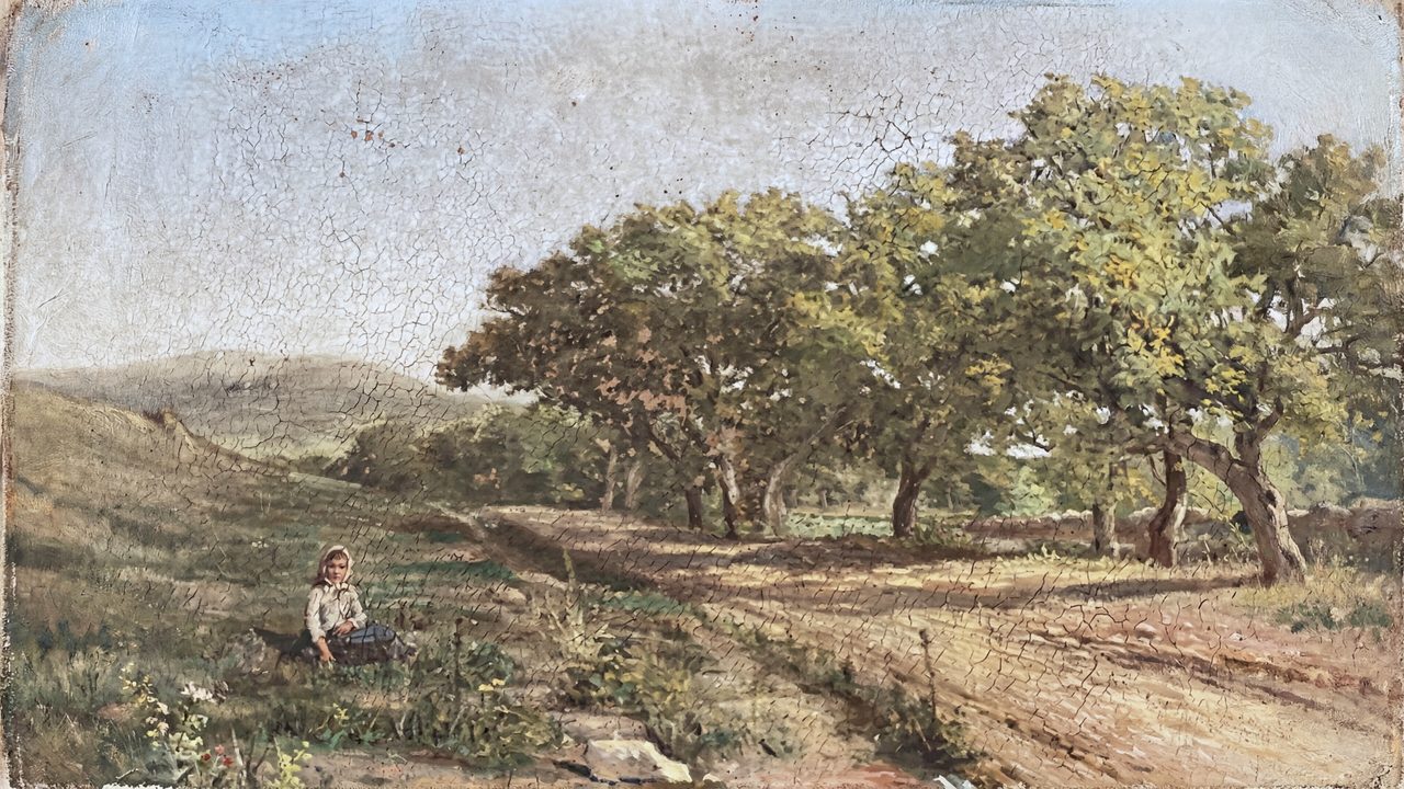 Vintage Frame TV Art, Antique Landscape Oil Painting (Child Under Oak Trees)