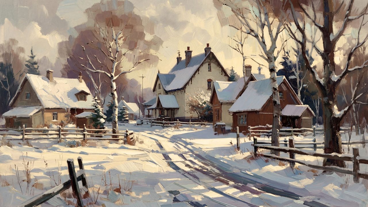 Christmas Frame TV Art, Vintage Holiday Oil Painting (Snowy Village Lane 2)