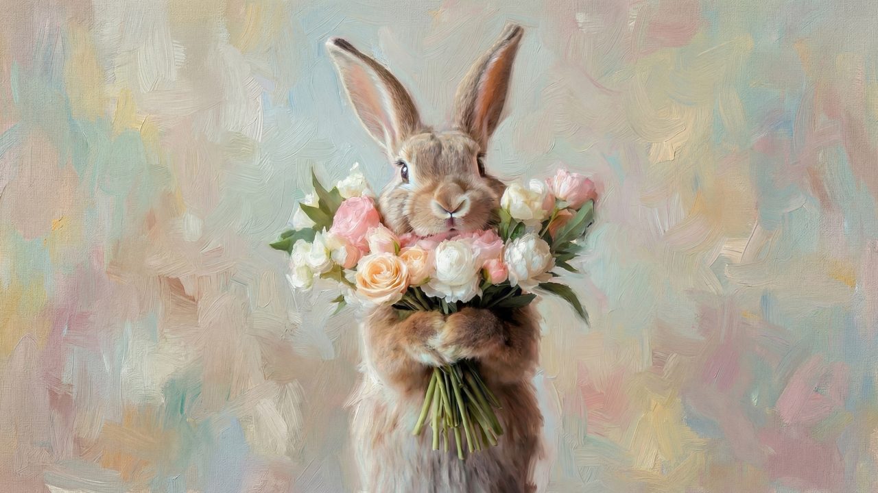 Easter Bunny with Flowers Samsung Frame TV Art, Spring TV Decor, Rabbit Floral Oil Painting, 4K, Holiday Screen Art