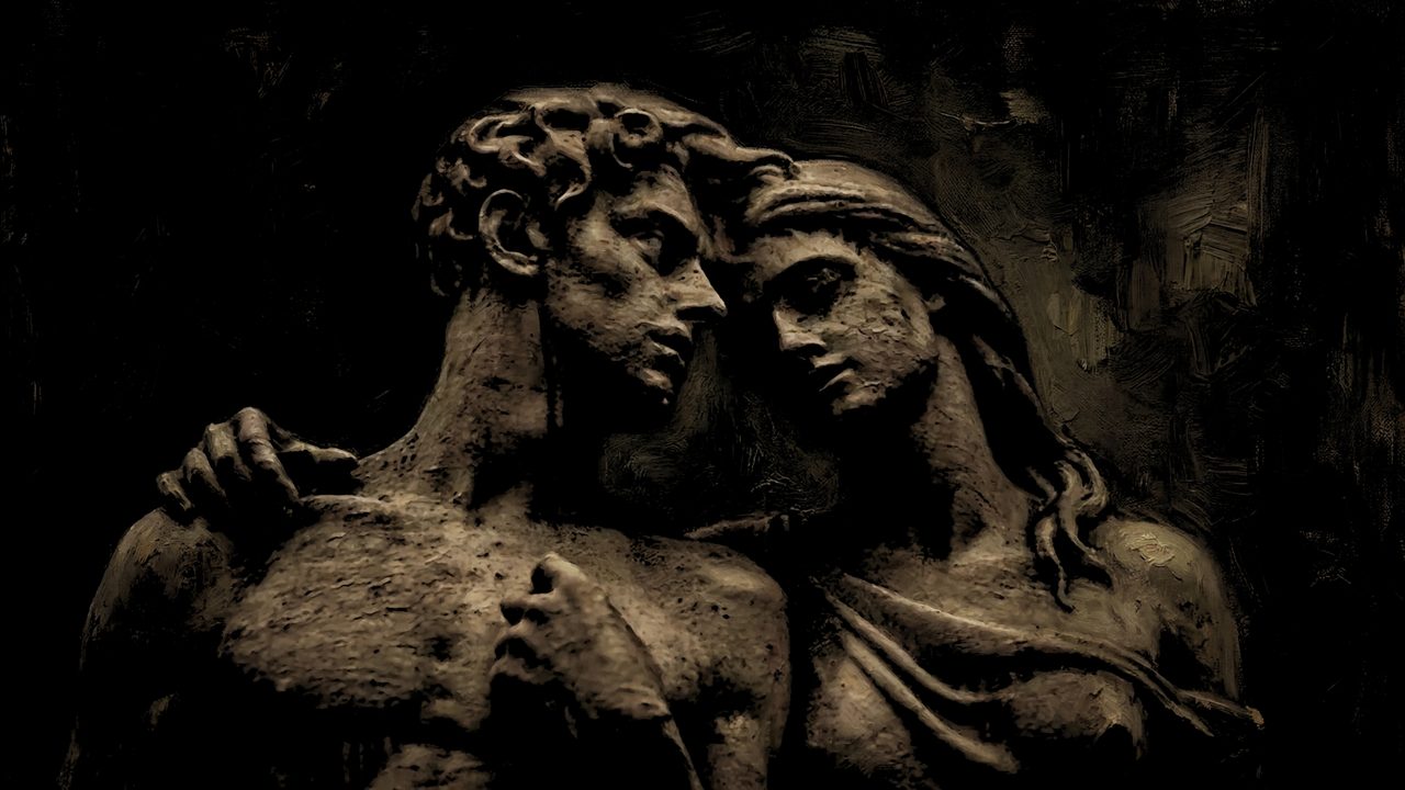 Dark Academia Frame TV Art, Moody Vintage Oil Painting (Embracing Stone Statues)