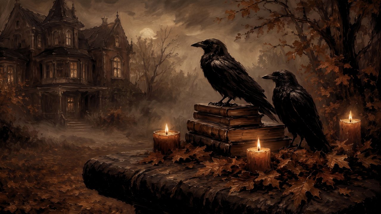 Fall Frame TV Art, Vintage Autumn Oil Painting (Ravens on Books by Candlelight)