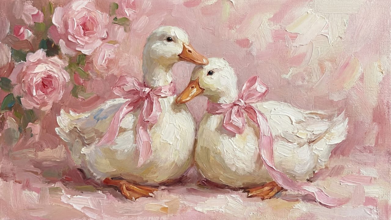 Valentine Frame TV Art, Romantic Vintage Oil Painting (White Ducks with Pink Bows)