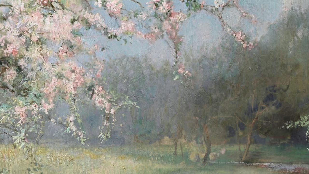 Vintage Frame TV Art, Antique Landscape Oil Painting (Blossoming Trees in Orchard)