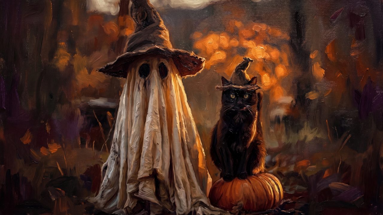 Halloween Frame TV Art, Vintage Moody Oil Painting (Ghost and Black Cat)