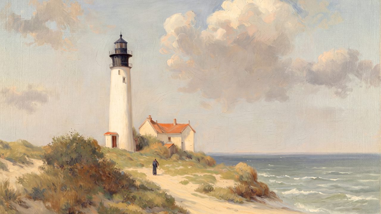 Nautical Frame TV Art, Coastal Oil Painting (Lighthouse and Keeper's House)
