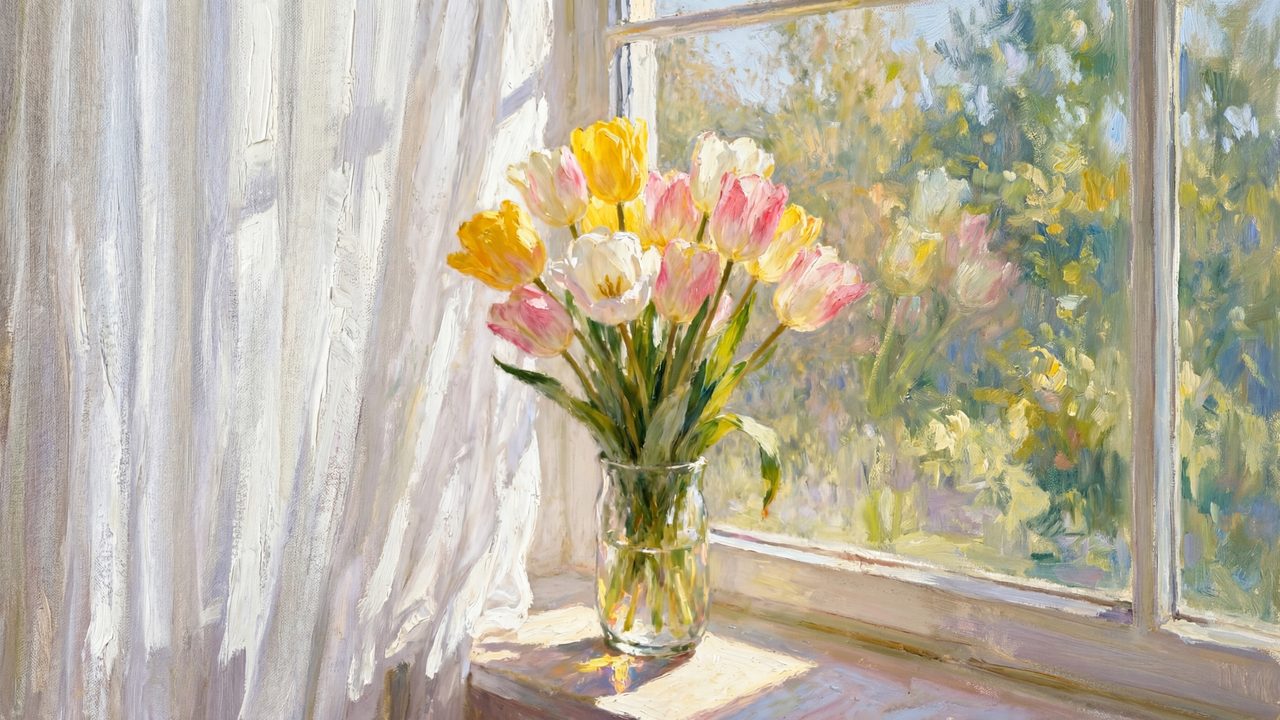 Spring Frame TV Art, Vintage Floral Landscape Oil Painting (Tulips in Vase by Window)