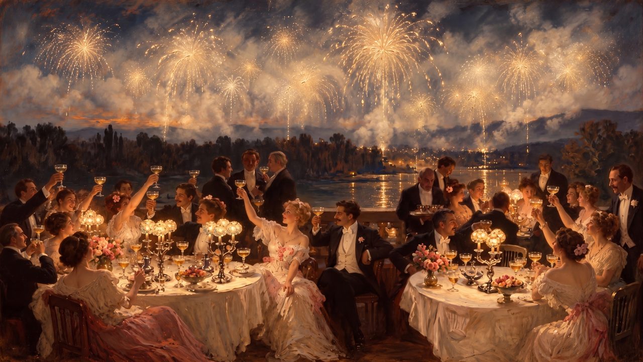 New Year Frame TV Art, Festive Celebration TV Background (Celebration Dinner with Fireworks)