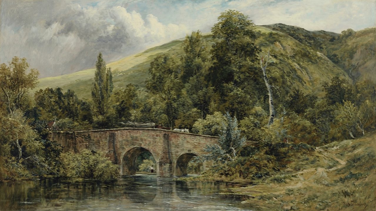 Vintage Frame TV Art, Antique Landscape Oil Painting (Stone Bridge Over River)