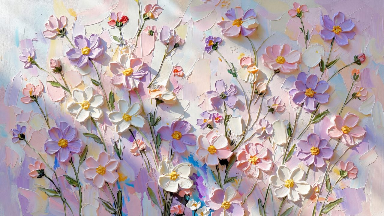 Spring Frame TV Art, Vintage Floral Landscape Oil Painting (Lavender Textured Blossoms)