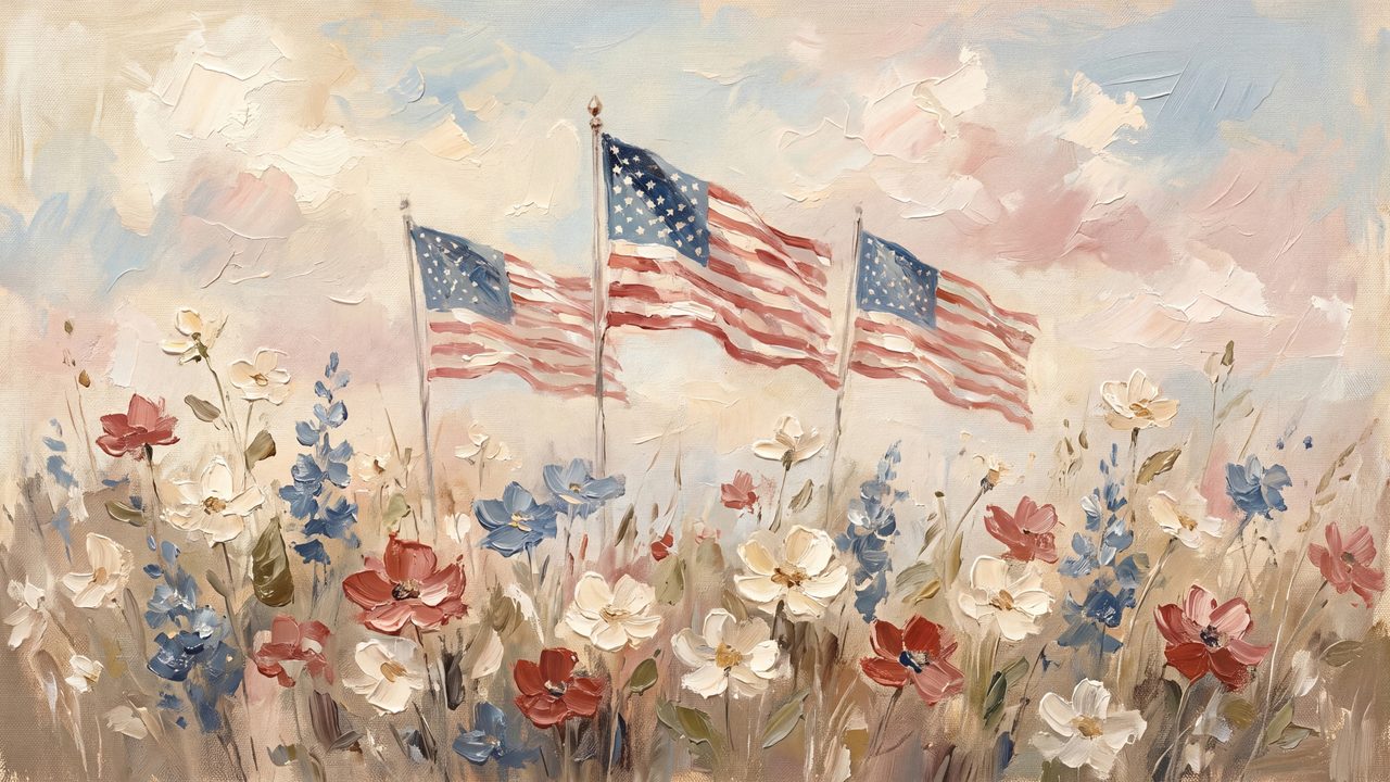 4th of July Frame TV Art, Patriotic American Oil Painting (American Flags in Wildflowers)