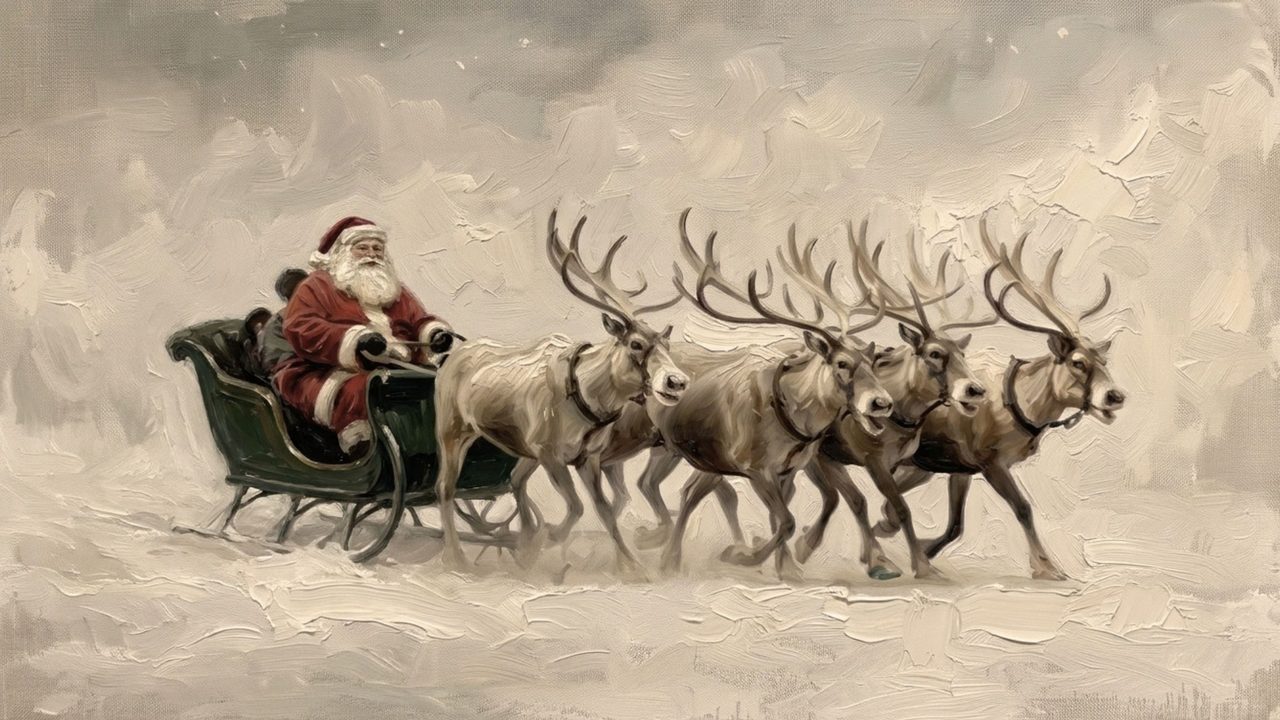 Christmas Frame TV Art, Vintage Holiday Oil Painting (Santa Sleigh with Reindeer 2)