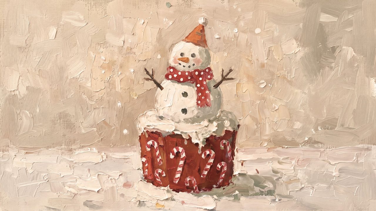 Christmas Frame TV Art, Vintage Holiday Oil Painting (Snowman Cupcake)