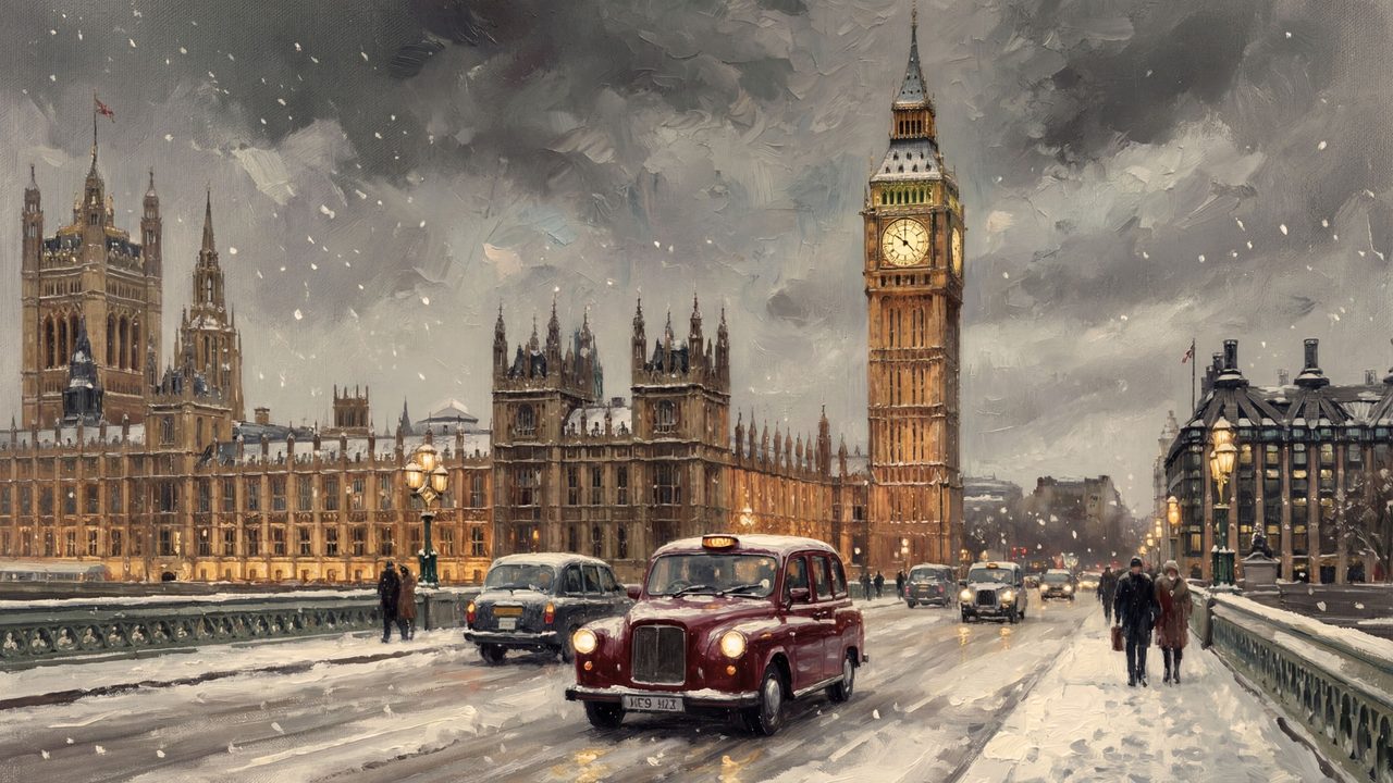 Christmas Frame TV Art, Vintage Holiday Oil Painting (Red Taxi by Big Ben)
