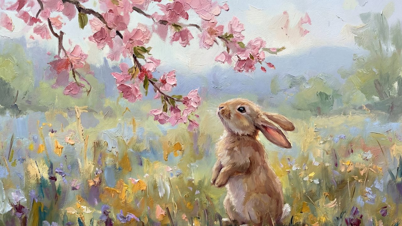 Easter Bunny Samsung Frame TV Art, Spring TV Decor, Rabbit Oil Painting, 4K Digital Download, Floral Wall Art
