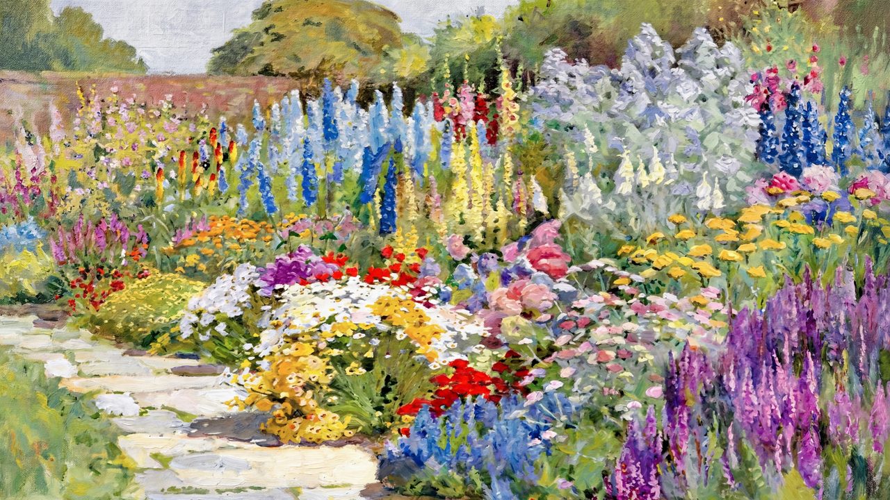 Spring Frame TV Art, Vintage Floral Landscape Oil Painting (Colorful Cottage Garden Path)